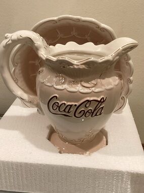 Coca Cola Cream and Gold Ceramic Pitcher with Script Logo